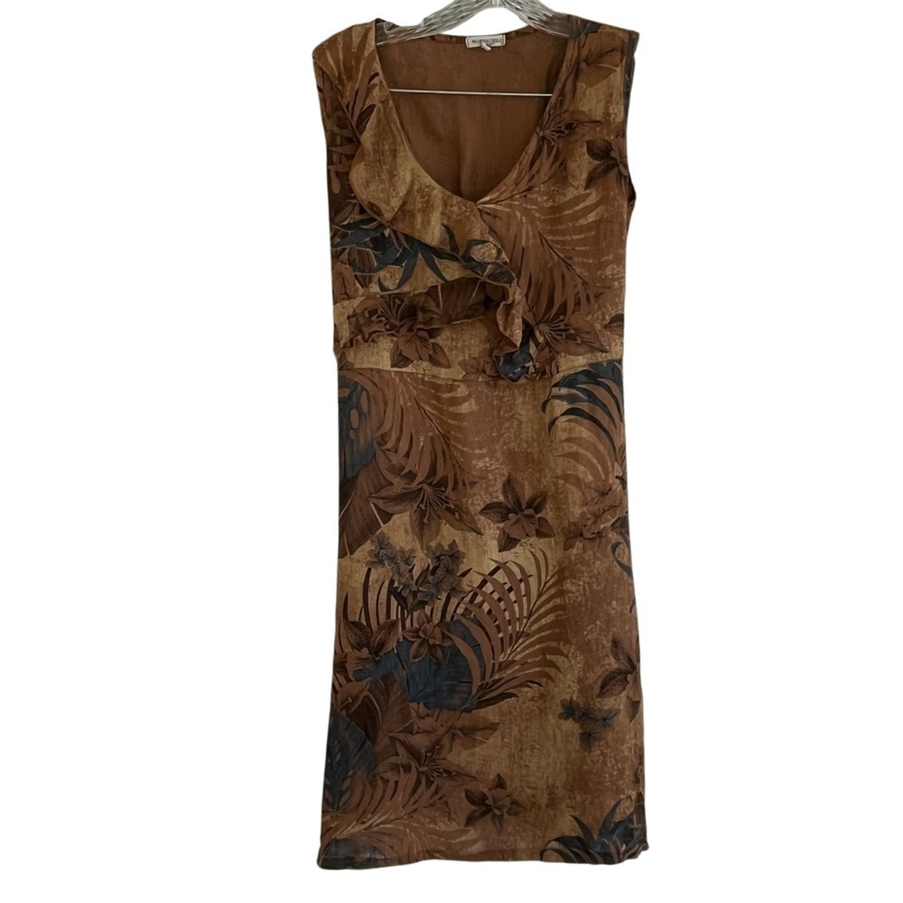 Vintage 80’s Maria Gigli Italy Linen Dress Floral Earth Brown Blue Tropical Sz L - Picture 4 of 14